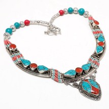 Red Coral Tibetan Turquoise Handmade Christmas Gift Necklace Nepali 18&quot; SA 4878 - £17.59 GBP