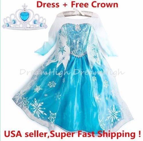 Kids Girls Dress Frozen Elsa Anna Party costume Princess + Free Crown 2-10Y