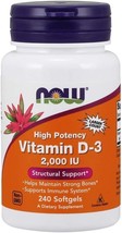 NOW Foods Vitamin D-3 2,000 IU Structural Support Softgels - 240 Count - $12.16