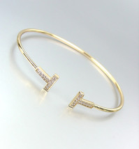 LUXURIOUS Thin Dainty 18kt Gold Plated CZ Crystals T End Tips Cuff Bracelet - £21.54 GBP