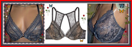 34C Gray ALL Lace Very S exy Back Victorias Secret Unlined Uplift Plunge UW Bra - £28.41 GBP