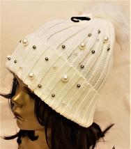 Adrienne Landau Pom Beanie Hat Size-OS White with Pearl and Rhinestone - £39.94 GBP