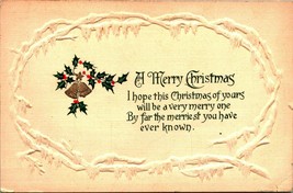 Holly Bells Icicle Border A Merry Christmas Embossed 1914 DB Postcard  - $3.91