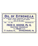 Vintage Pharmacy Label OIL OF CITRONELLA Rexall Store Fred Hoose Shingle... - $590.02 MXN