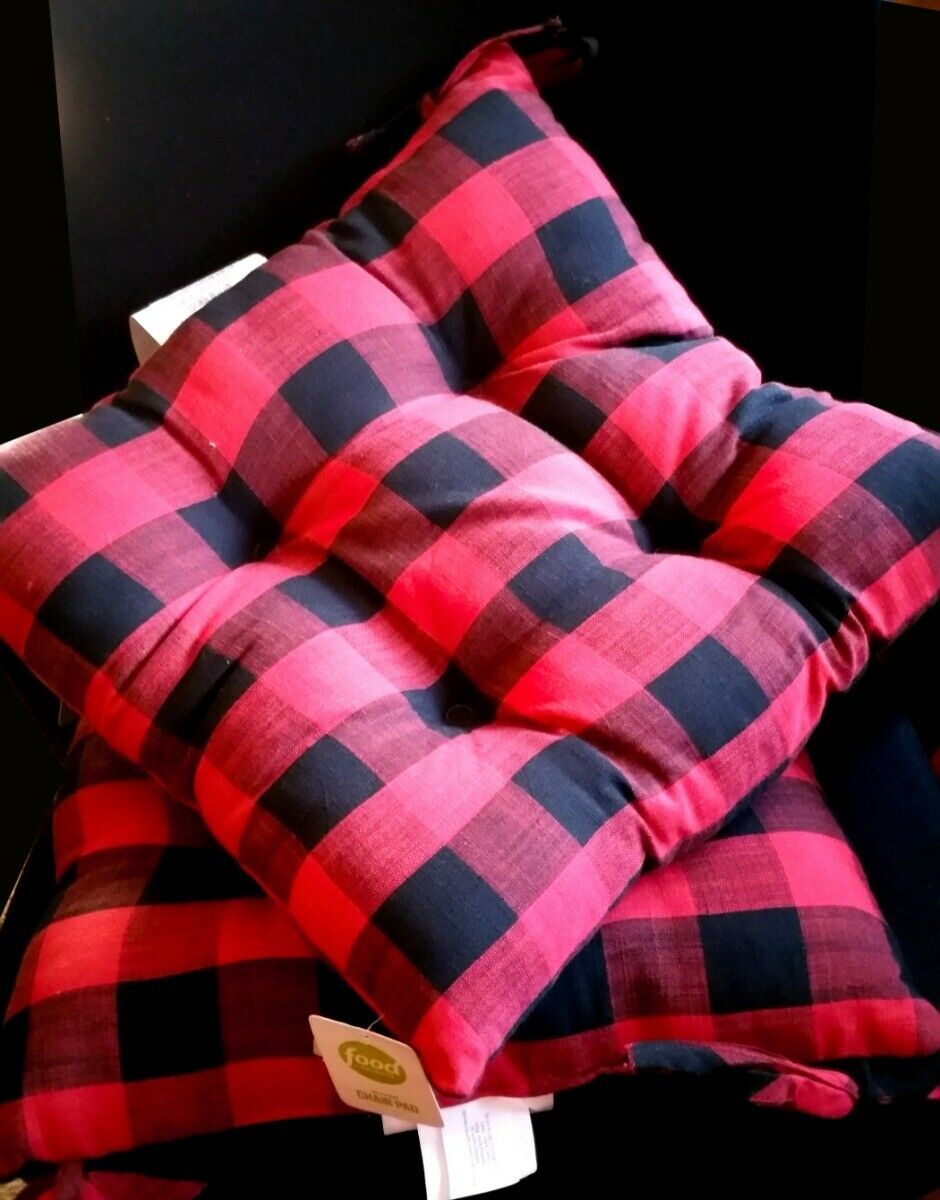 $50 Food Network Red &Black Buffalo Check Tufted Woven Chair Pad Ties 2 pads-New - $34.62