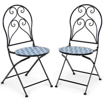 2 Pieces Patio Folding Mosaic Bistro Chairs with Blue Floral Pattern - £144.47 GBP