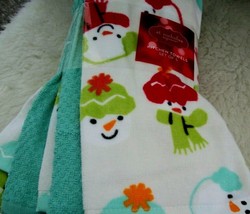 Snowman Kitchen Or Bathroom Hand Towels Set Of 5 Winter Decor White And Teal NEW - £14.86 GBP
