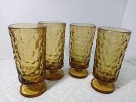 Vtg Tumbler Goblet Amber Pebble Thumbprint Footed Glasses Set of Four 9f... - $19.60