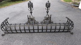 Vintage Scroll Wrought Iron Fireplace Fender and Andiron set Large 80" L image 2