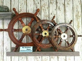 Ship Wheel Nautical Boat Wooden Brass Wall Hanging & Home Decor Gift Pair Of 3 - £117.64 GBP
