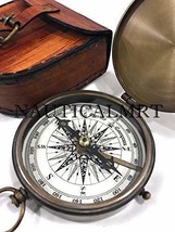 NauticalMart Antique Brass Pocket Compass With Brown Leather Case - £21.78 GBP