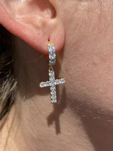 2.90Ct Round Real Moissanite Cross Dangle Earring 14K Yellow Gold Plated Silver - $280.49