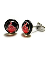 BIKER FLAMES EARRINGS 7mm Stainless Steel Fire Rocker Red Black Pair Stu... - €6,87 EUR