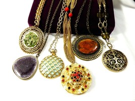 Fashion designers Lot of  6 Gold tone metal  Round Pendant chain Necklaces - £73.98 GBP