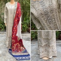 Pakistani Off White Long Maxi Style Embroidered Sequins Raw  SilkDress,S - £110.77 GBP