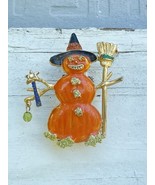 Vintage Y2KHalloween Snowman Witch Brooch Enamel Glitter GoldTone Pin OT... - $18.99