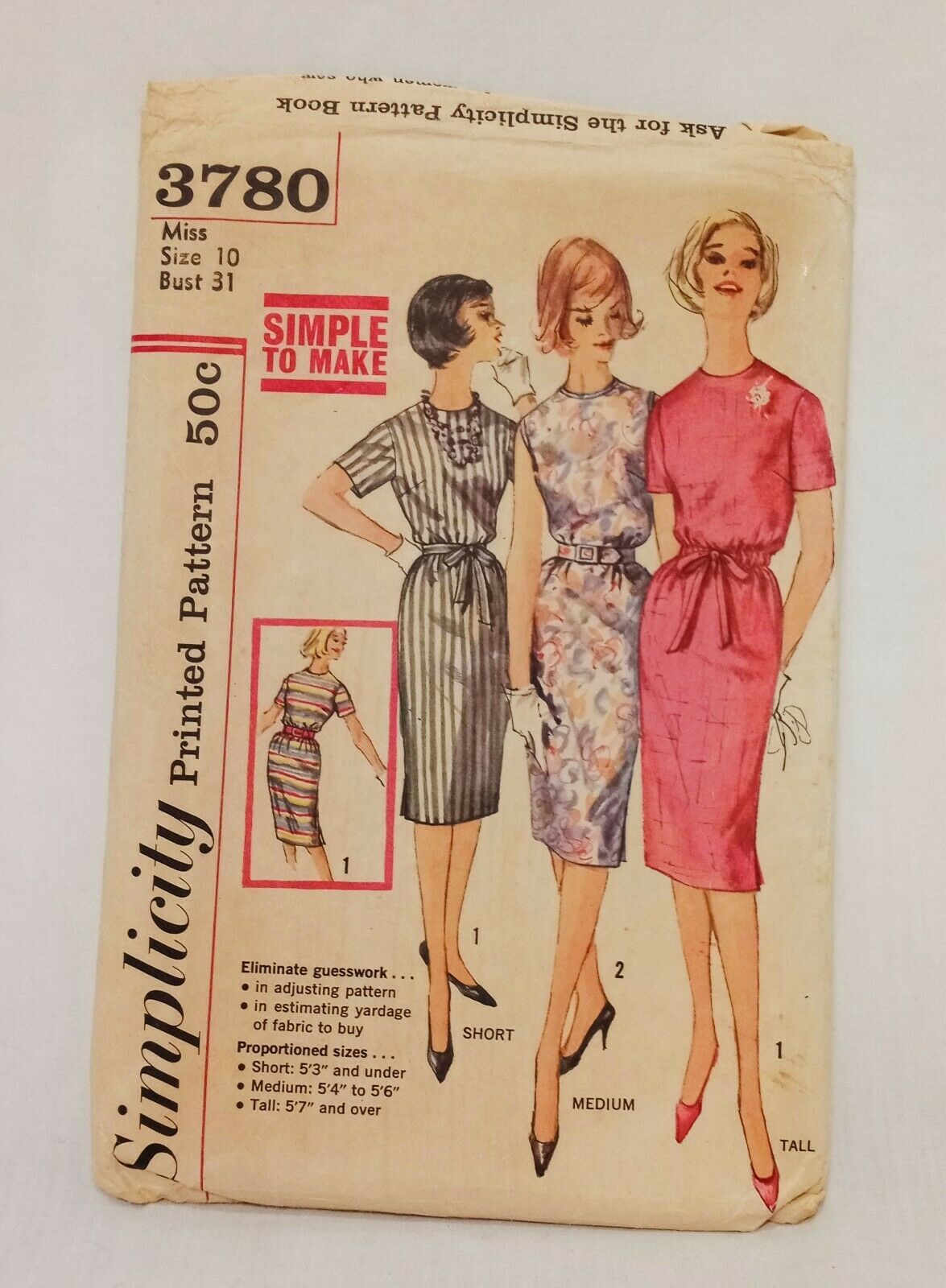 Misses' One-Piece Dress Simplicity 3780 Vintage 1960s Size 10 Precut - $16.89