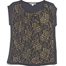Diane Von Furstenberg Blouse Women 10 Black Gold Cordelia Silk Lace Shor... - $38.79
