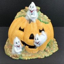 Halloween Pumpkin Jack O&#39;Lantern &amp; Ghosts Vintage Ceramic Mold Lamp 7.5&quot; Tall - $34.63