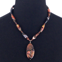AGATE pendant beaded necklace - chunky striped stone earth tones sterling toggle - £27.53 GBP
