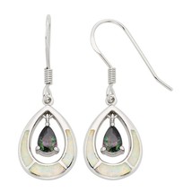 Sterling Silver White Inlay Opal Open Oval w/Rainbow Teardrop CZ Earrings - £51.63 GBP