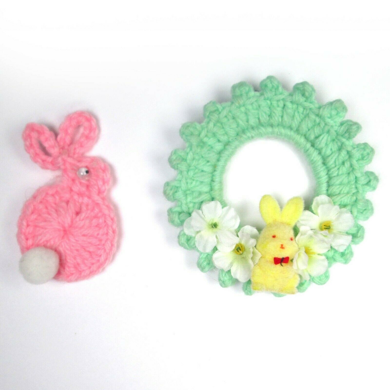 Vintage Handmade Crochet Easter Pins Pink & Yellow Bunny Wreath Flowers Spring - $6.99