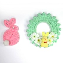 Vintage Handmade Crochet Easter Pins Pink &amp; Yellow Bunny Wreath Flowers Spring - £5.49 GBP