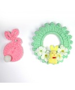 Vintage Handmade Crochet Easter Pins Pink &amp; Yellow Bunny Wreath Flowers ... - £5.49 GBP