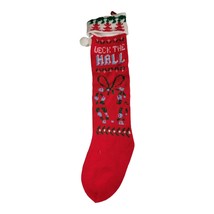 Christmas Stocking Long Skinny Knit Trimmed Green Red Tree 24in  vintage - $19.39