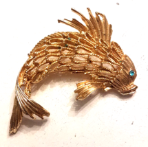 VTG Koi Fish Brooch Textured Gold Plated Rhinestone Eye 2.5&quot; possible Coro ?? - £32.10 GBP