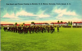 Linen Postcard Parris Island SC South Carolina Post band &amp; Troops in Review Q17 - £3.07 GBP
