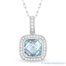 1.74ct Checkerboard Blue Topaz Diamond Halo Pave 14k White Gold Necklace Pendant - £417.65 GBP