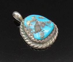 NAVAJO 925 Silver - Vintage Twisted Rope Border Turquoise Pendant - PT21118 - $37.91