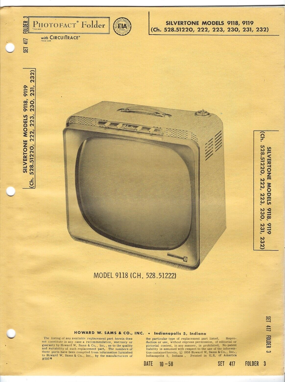 Primary image for 1958 SILVERTONE 9118 9119 Tv TELEVISION SERVICE MANUAL Photofact 528.51220 Vtg