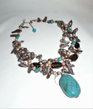 Deb Guyot Necklace Multi Strand Turquoise Abalone Pearls Quartz Sterling Silver  - £98.92 GBP