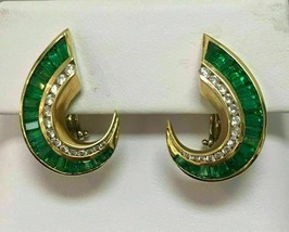 3.50Ct Baguette Simulated Emerald & Diamond Earrings 14k Yellow Gold Plated - £88.97 GBP