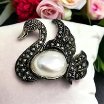 Sterling Silver 925 Marcasite Faux Pearl Swan Pin Brooch G25 - $46.36