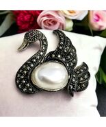 Sterling Silver 925 Marcasite Faux Pearl Swan Pin Brooch G25 - $46.36