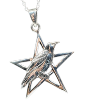Raven Pentacle Pentagram Necklace Pendant 925 Sterling Silver Amulet Chain 18&quot; - £30.96 GBP