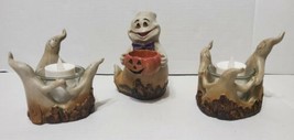 Wooden Halloween Ghosts Pumpkin Candle Tea Light Holders 2007 3 Pc Decoration - £56.05 GBP