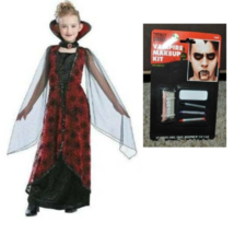 Girls Vampiress Halloween Costume Winged Black Red Dress Collar Makeup 3 Pc- 4/6 - $16.83