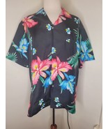 Womans Hawaiian Aloha shirt Black Floral M Tropical holiday Colorful Boh... - $24.75