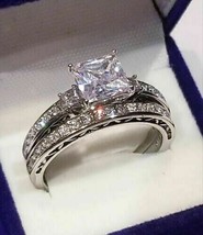 Bridal Ring Set 2.90Ct Princess Cut Simulated Diamond 14k White Gold in Size 7.5 - £244.98 GBP