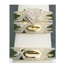 14K Y Chapado en Oro Él Ella Corazón Imitación Diamante Boda Novia Trío Ring Set - £155.28 GBP