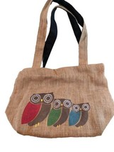 Freeset Tan Burlap Small Tote Bag w/ Cute Colorful Owl Appliques, Gift Bag - £7.98 GBP