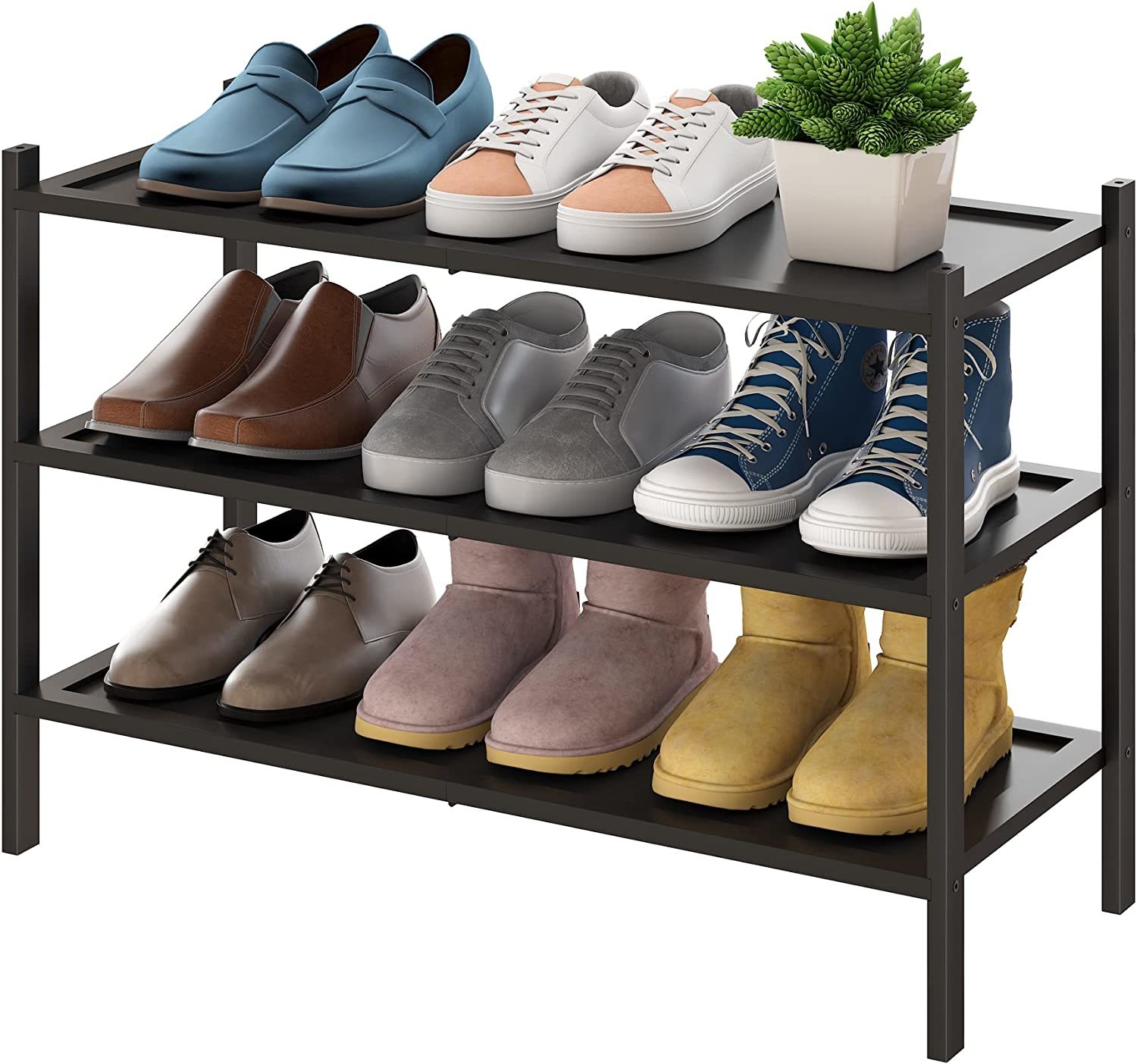 Bmosu 3-Tier Bamboo Shoe Rack Premium Stackable Shoe Shelf Storage, Black - $35.99
