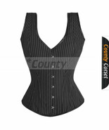 Full Steel Boned Over bust Strap Halter Bustier Gothic Black Pinstripe Corset - $62.98