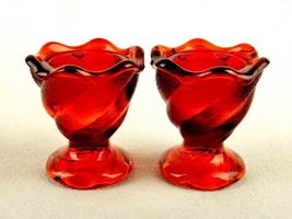 Set of 2 Red Glass Egg Cups, Textured &amp; Swirled, Footed Base, Scalloped Rim - $29.35
