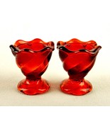 Set of 2 Red Glass Egg Cups, Textured &amp; Swirled, Footed Base, Scalloped Rim - $29.35