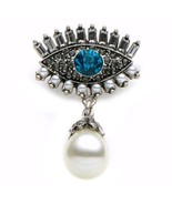 EVIL EYE PIN 1.8&quot; Sparkling Rhinestone Brooch Silver Plate Faux Pearl Bl... - $8.95